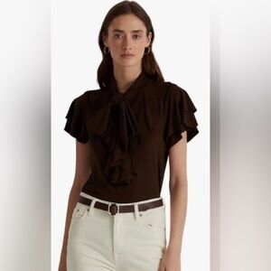 Lauren Ralph Lauren Women’s Tie-Neck Jersey Blouse Brown Medium